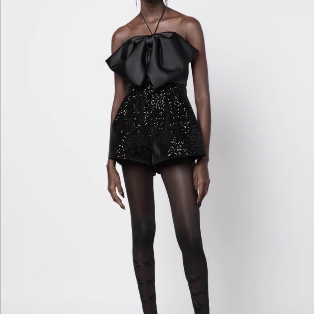 New Zara Bow Trim Satin Sequin Jumpsuit Playsuit Romper Size XL